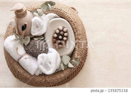 Spa composition with personal hygiene items, body care concept. Spa composition with personal hygiene items, body care concept. 135875138