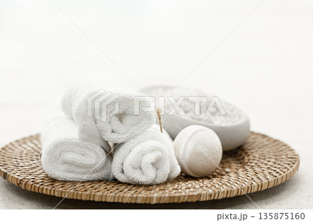 Spa composition with towels, bath bombs and sea salt. Spa composition with towels, bath bombs and sea salt. 135875160