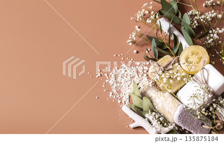 Spa or health plan frame with towels, soap, leaves, flowers, bath bombs Spa or health plan frame with towels, soap, leaves, flowers, bath bombs 135875184
