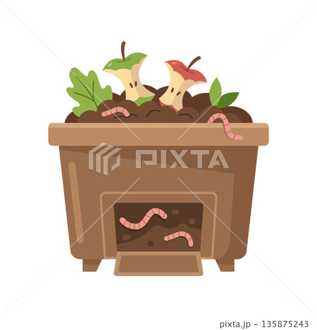 Home vermicompost bin with worms and organic waste. Composting system vector illustration Home vermicompost bin with worms and organic waste. Composting system vector illustration 135875243