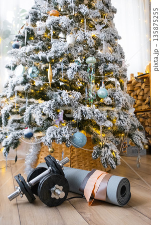 Sports equipment dumbbells, a fitness mat, and fitness bands lie under the Christmas tree at home as a gift for Christmas and New Year Sports equipment dumbbells, a fitness mat, and fitness bands lie under the Christmas tree at home as a gift for Christmas and New Year 135875255