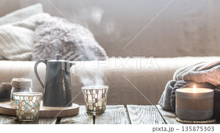 still life from home interior on wooden background 135875303