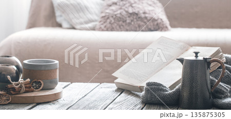 still life from home interior on wooden background 135875305