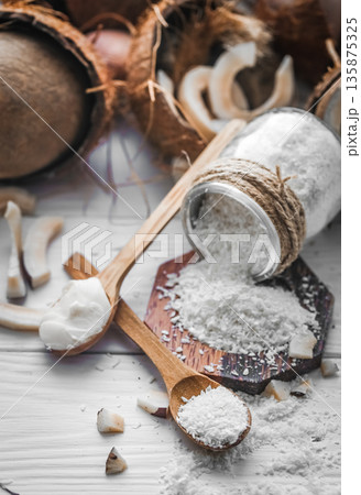 still life with coconut and flakes still life with coconut and flakes 135875325