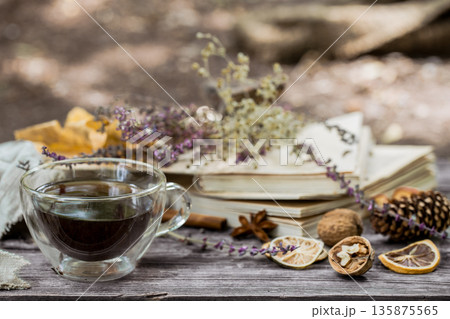 cup of tea with autumn leaves cup of tea with autumn leaves 135875565