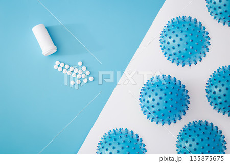 Flat lay, virus balls, disease and infection concept. Flat lay, virus balls, disease and infection concept. 135875675