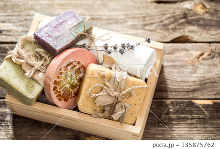 handmade soap on wooden background handmade soap on wooden background 135875762