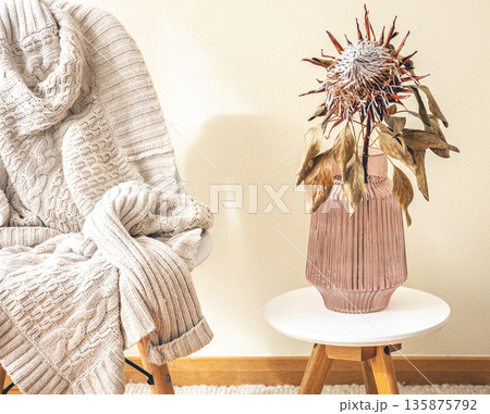 Home composition with protea flower in the interior of the room. 135875792