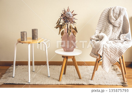 Home composition with protea flower in the interior of the room. 135875793
