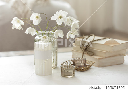 Spring composition with details of home decor in the interior of the room. 135875805