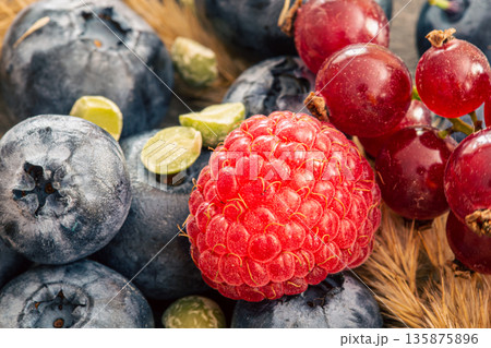 Natural background with different wild berries, macro shot. Natural background with different wild berries, macro shot. 135875896