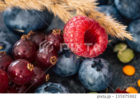 Natural background with different wild berries, macro shot. Natural background with different wild berries, macro shot. 135875902