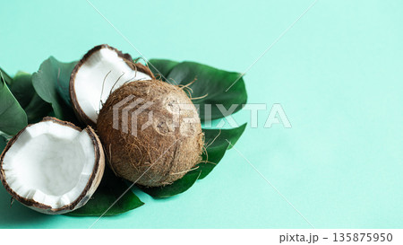 Natural Monstera leaf with coconut on a blue background. 135875950