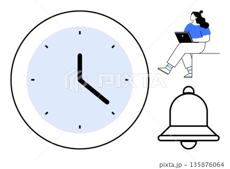 Productivity, time tracking, remote work, digital notifications, online learning, scheduling. Large clock, bell icon woman working on a laptop. Time tracking and remote work emphasis 135876064