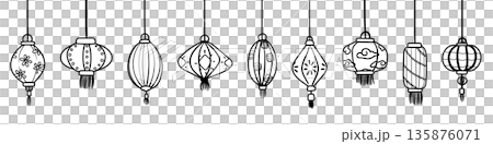 Chinese New Year lantern hanging ornaments in black outline and white plain on transparent background. Chinese New Year lantern hanging ornaments in black outline and white plain on transparent background. 135876071