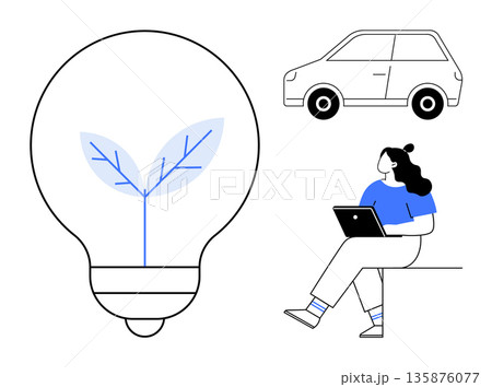 Sustainable living, environmental solutions, remote work, clean energy, eco-friendly transportation, innovation. Light bulb with a plant, a car and a person working on a laptop. Sustainable living Sustainable living, environmental solutions, remote work, clean energy, eco-friendly transportation, innovation. Light bulb with a plant, a car and a person working on a laptop. Sustainable living 135876077
