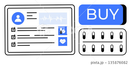 Telemedicine, online pharmacy, e-health services, digital prescriptions, healthcare technology, remote consultations. A medical profile with a buy button and medication visuals. Telemedicine 135876082