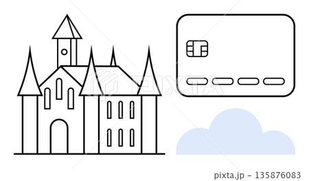 Digital transformation, cybersecurity, financial systems, tourism, cloud storage, payment processing. Minimalist castle, credit card and cloud. Cyberspace and digital transformation concepts Digital transformation, cybersecurity, financial systems, tourism, cloud storage, payment processing. Minimalist castle, credit card and cloud. Cyberspace and digital transformation concepts 135876083