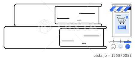 Online shopping, e-commerce, digital bookstores, user experience, customer reviews, online purchases. Graphic of books with a mobile phone store interface for buying. Online shopping and e-commerce Online shopping, e-commerce, digital bookstores, user experience, customer reviews, online purchases. Graphic of books with a mobile phone store interface for buying. Online shopping and e-commerce 135876088