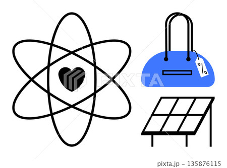 Sustainability, clean energy, renewable technology, fashion trends, science education, consumer habits. Heart inside an atom, handbag with a tag solar panel. Sustainability and clean energy 135876115
