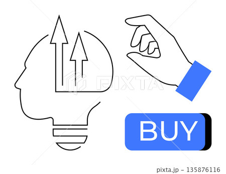 Consumer psychology, decision-making, e-commerce, online shopping, marketing strategy, growth trends. Human profile with arrows, hand poised over buy button. Consumer psychology and decision-making 135876116