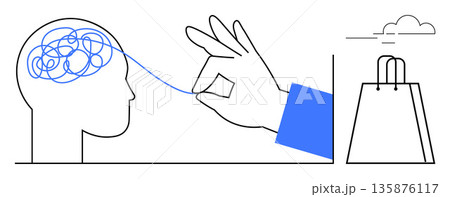 Decision-making, mental clarity, consumer psychology, problem-solving, mindfulness, retail choices. Visual shows a hand untangling lines in a brain alongside a shopping bag. Mental clarity 135876117