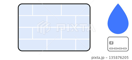 Water conservation, payment systems, sustainability, modern energy, construction materials, financial technology. A water droplet, brick wall and credit card symbol. Water conservation and payment Water conservation, payment systems, sustainability, modern energy, construction materials, financial technology. A water droplet, brick wall and credit card symbol. Water conservation and payment 135876205