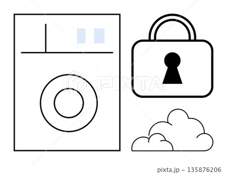Cloud storage, cybersecurity, data privacy, encryption technology, secure access, online safety. Padlock, cloud symbols and technology device outline. Cloud storage and cybersecurity concept Cloud storage, cybersecurity, data privacy, encryption technology, secure access, online safety. Padlock, cloud symbols and technology device outline. Cloud storage and cybersecurity concept 135876206