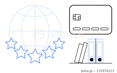 Financial services, global commerce, business organization, digital security, credit card use, professional management. Features a globe, stars a credit card and office binders. Financial services Financial services, global commerce, business organization, digital security, credit card use, professional management. Features a globe, stars a credit card and office binders. Financial services 135876223