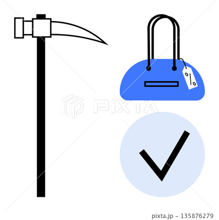 Mining, e-commerce, fashion, online shopping, digital approval, technology. A pickaxe, a blue bag with a tag and a checkmark in a blue circle. Mining and e-commerce concept 135876279