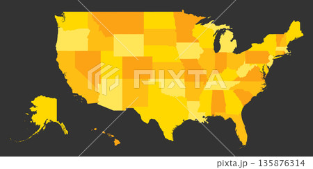 A detailed map displays the states of the USA in shades of yellow and orange. States include California, Texas, New York, Alaska, and Hawaii. The layout follows a Mercator projection. 135876314