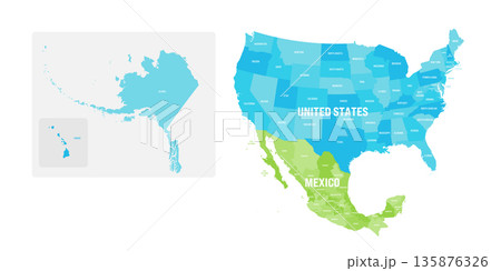 The states of the United States and Mexico with clear regional borders. It includes Alaska and the Caribbean region near the US. Information is displayed simply. 135876326