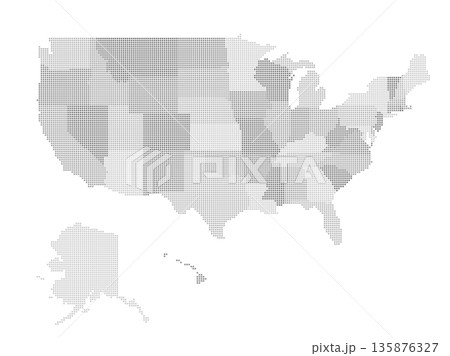 This pixel map outlines the geographical boundaries of the United States, clearly identifying individual states in a grayscale format for easy visualization and reference. 135876327