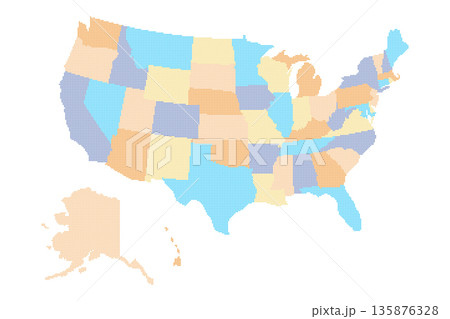 This pixel map showcases the United States with distinct regions colored in various shades, highlighting the geographical diversity across the country. 135876328