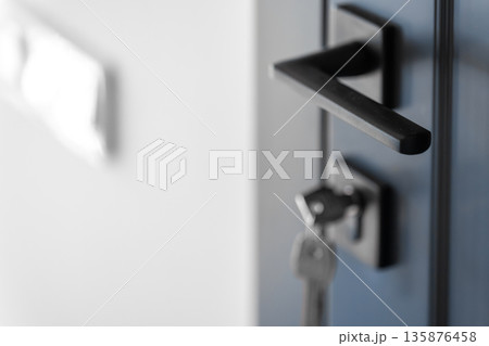 Black door handle. Blurred keys. Minimal frame. Black door handle. Blurred keys. Minimal frame. 135876458
