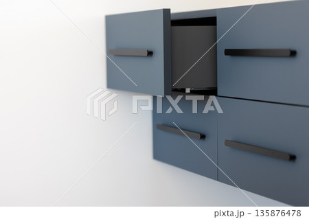 Clean space. Floating cabinet. Black pulls. Clean space. Floating cabinet. Black pulls. 135876478