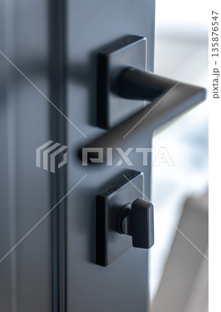 Interior thumbturn. Black hardware. Matte door. Interior thumbturn. Black hardware. Matte door. 135876547