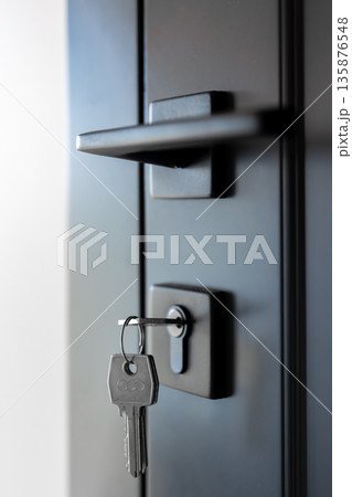 Key in lock. Black door handle. Matte metal. 135876548