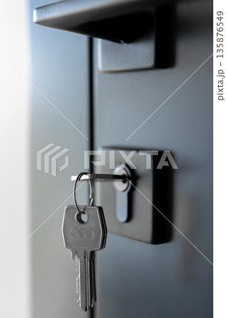 Key in lock. Black hardware. Minimal door. Key in lock. Black hardware. Minimal door. 135876549