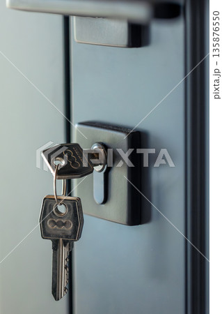 Keys in cylinder. Vertical profile. Modern hardware. 135876550