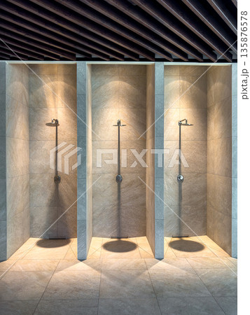 Minimalist showers. Stone tile. Premium spa 135876578
