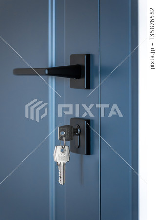 Modern door handle. Keys in cylinder. Blue interior door. Modern door handle. Keys in cylinder. Blue interior door. 135876582