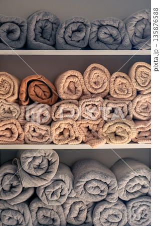 Modern shelf with soft towels for spa. Wellness towels. 135876588