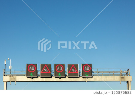 Smart boards warn about traffic jams. Dynamic road control. 135876682