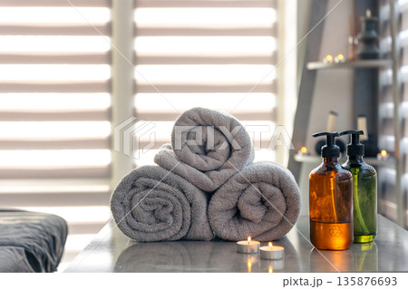 Spa towels and glass dispensers. Relax and style 135876693