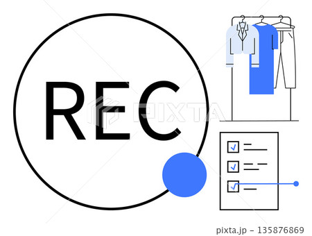 Sustainability, recycling, eco-friendly fashion, clothing reuse, environmental awareness, conscious consumerism. Symbol of REC with checklist and hanging clothes. Sustainability and recycling ideas 135876869