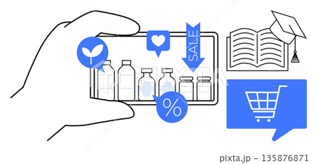 E-commerce, online shopping, digital marketing, discounts, education, mobile apps. A hand holding a phone showing bottles, discount icons and shopping cart. E-commerce and online shopping focus E-commerce, online shopping, digital marketing, discounts, education, mobile apps. A hand holding a phone showing bottles, discount icons and shopping cart. E-commerce and online shopping focus 135876871