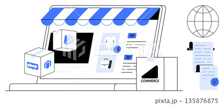 E-commerce, online shopping, digital business, retail, marketing, logistics. A laptop with a storefront and products, a globe and documents. E-commerce and online shopping concept 135876875