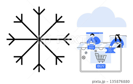 E-commerce, winter discounts, online shopping, cashback, retail marketing, holiday sales. Black snowflake alongside a digital store setup with buyers and a cart. Online shopping and winter discounts E-commerce, winter discounts, online shopping, cashback, retail marketing, holiday sales. Black snowflake alongside a digital store setup with buyers and a cart. Online shopping and winter discounts 135876880
