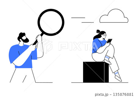 Research, digital analysis, online communication, data search, mobile technology, exploration. A man holds a magnifying glass while a woman sits using a smartphone. Research and digital analysis Research, digital analysis, online communication, data search, mobile technology, exploration. A man holds a magnifying glass while a woman sits using a smartphone. Research and digital analysis 135876881